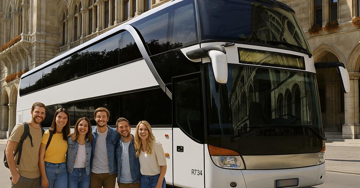 busfahrt-gruppe-touristen-1200×628 Gruppe junger Reisender vor einem modernen Reisebus von Busunternehmen Düsseldorf – European Bus Service